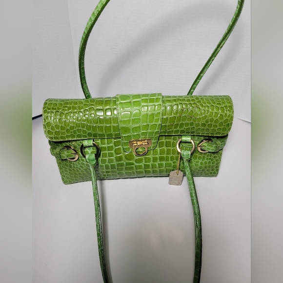 Genuine Leather Green Croc Embossed Handbag Shoulder Bag Satchel Vintage - Picture 10 of 16
